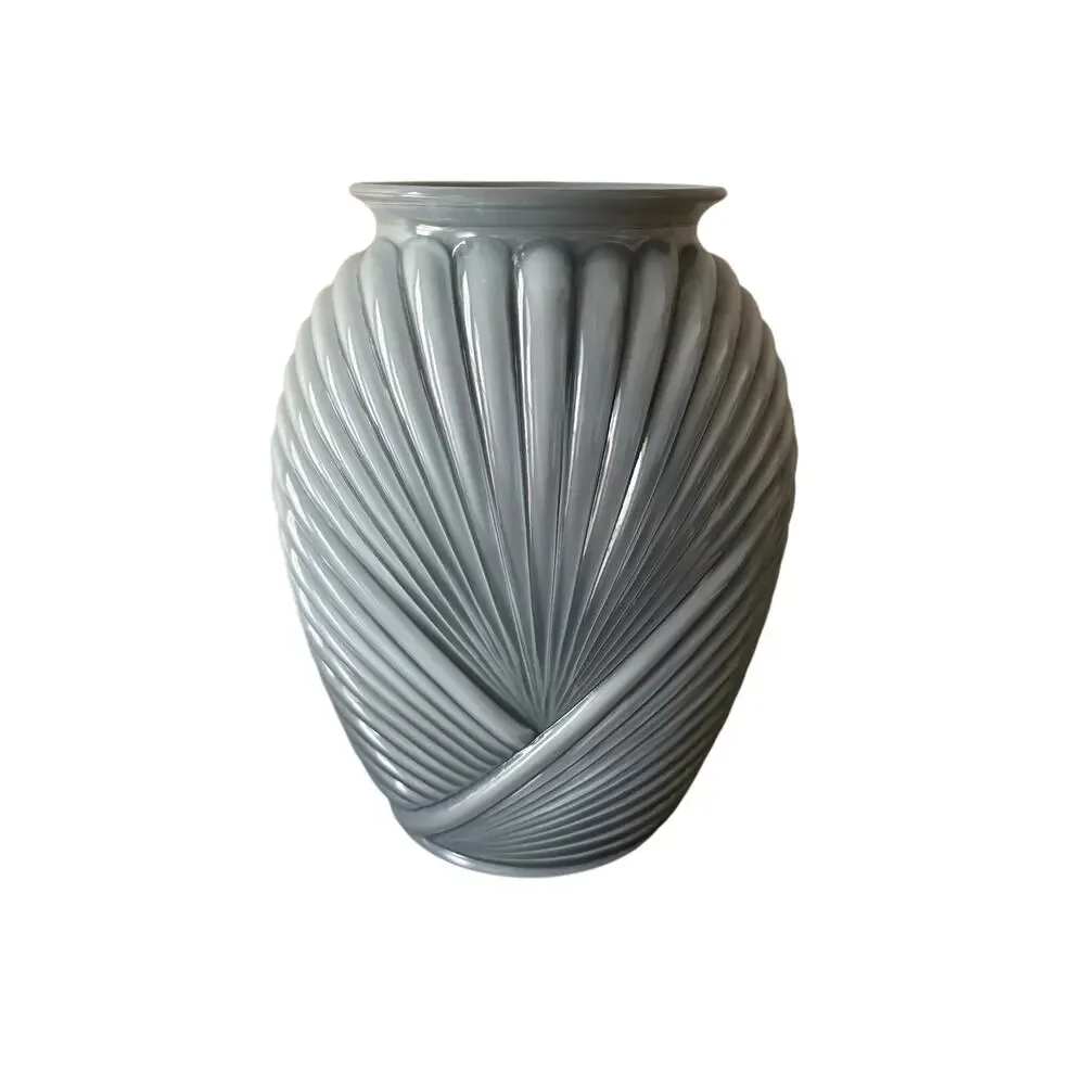Vintage Gray Art Deco Revival Ribbed Wrapped Art Glass Vase 9.5” Anchor Hocking